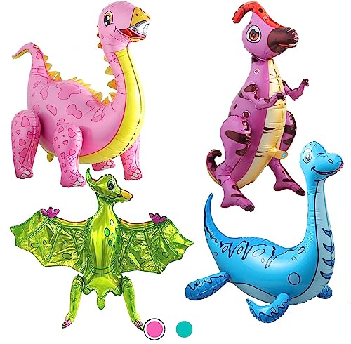 Uorbmaio 4-Pack Giant 3D Dinosaur Balloons – T-Rex, Pterosaur, Plesiosaur, Spinosaurus – Reusable Aluminum Foil Party Decorations (Pink)