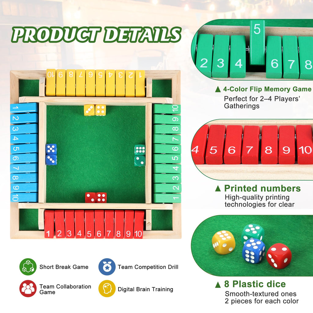 Uowivi Shut the Box – Wooden Dice Game for 2-4 Players, Math & Strategy Game