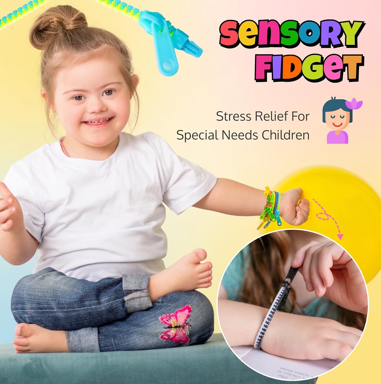 UpBrands 48-Pack Fidget Zipper Bracelets – 7.5" Neon Sensory Party Favors for Kids