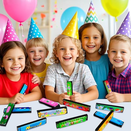 UPINS 10-Pack 16-Hole Cartoon Harmonicas for Beginners - Colorful Plastic & Metal Harmonicas for Kids, Music Class, and Party Favors