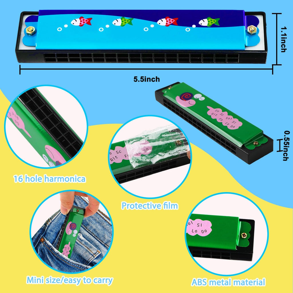 UPINS 10-Pack 16-Hole Cartoon Harmonicas for Beginners - Colorful Plastic & Metal Harmonicas for Kids, Music Class, and Party Favors