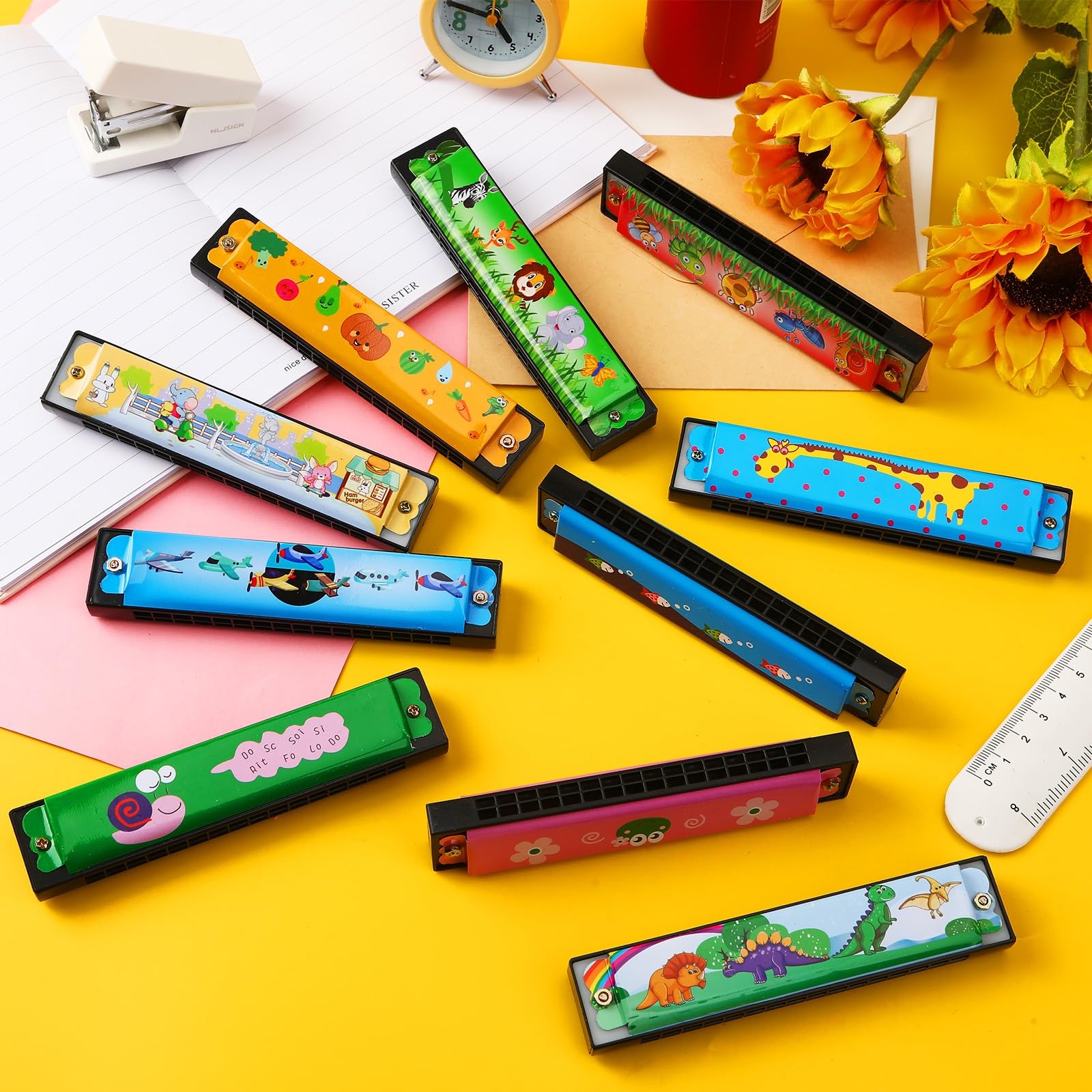UPINS 10-Pack 16-Hole Cartoon Harmonicas for Beginners - Colorful Plastic & Metal Harmonicas for Kids, Music Class, and Party Favors
