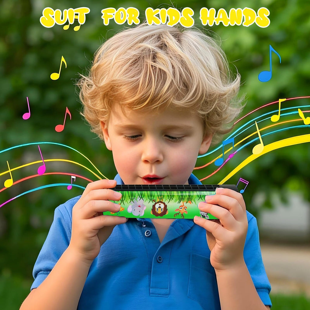 UPINS 10-Pack 16-Hole Cartoon Harmonicas for Beginners - Colorful Plastic & Metal Harmonicas for Kids, Music Class, and Party Favors