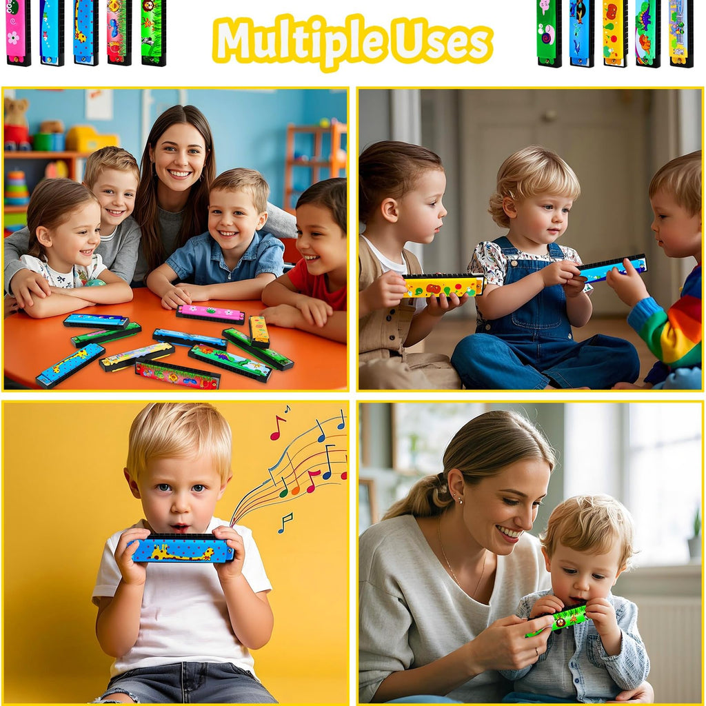 UPINS 10-Pack 16-Hole Cartoon Harmonicas for Beginners - Colorful Plastic & Metal Harmonicas for Kids, Music Class, and Party Favors