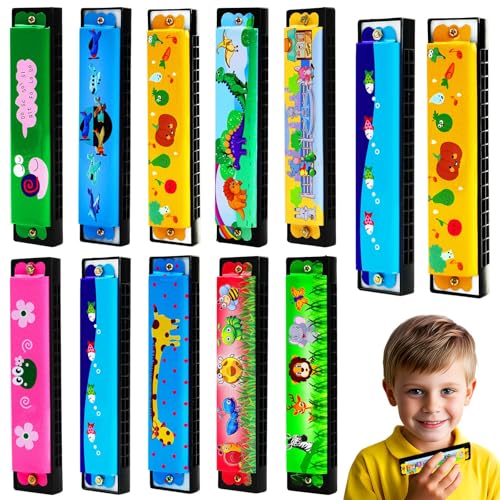 UPINS 10-Pack 16-Hole Cartoon Harmonicas for Beginners - Colorful Plastic & Metal Harmonicas for Kids, Music Class, and Party Favors