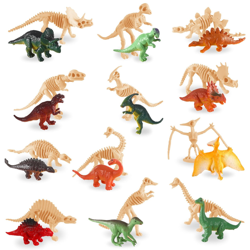UPINS 24-Piece Mini Dinosaur Figures & Fossil Skeletons Set - Plastic Dino Bones with Storage Box, Educational Gift for Kids