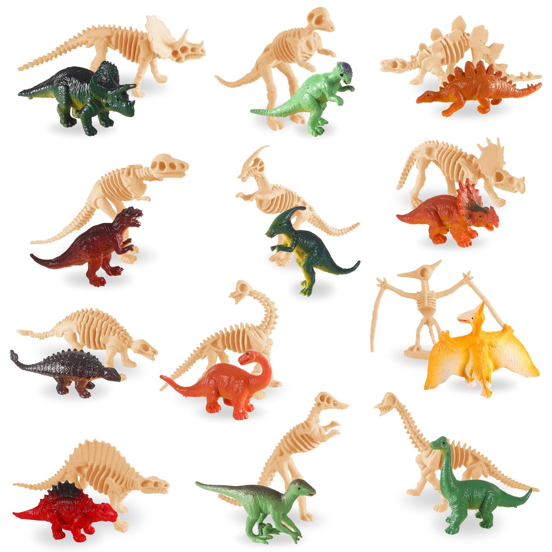 UPINS 24-Piece Mini Dinosaur Figures & Fossil Skeletons Set - Plastic Dino Bones with Storage Box, Educational Gift for Kids