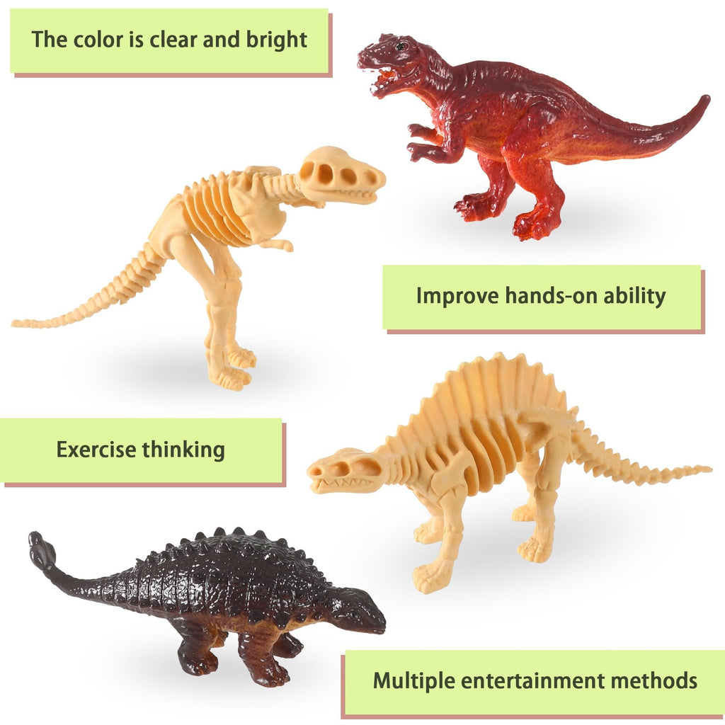 UPINS 24-Piece Mini Dinosaur Figures & Fossil Skeletons Set - Plastic Dino Bones with Storage Box, Educational Gift for Kids