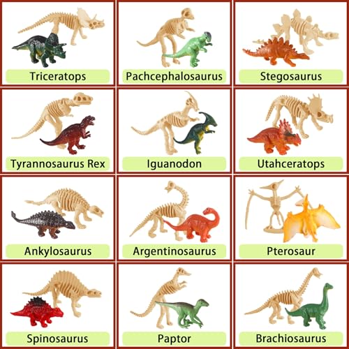 UPINS 24-Piece Mini Dinosaur Figures & Fossil Skeletons Set - Plastic Dino Bones with Storage Box, Educational Gift for Kids