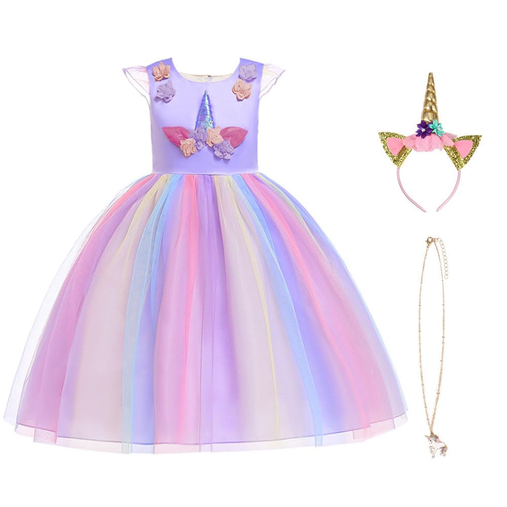 URAQT Unicorn Costume Set for Girls – Princess Dress with Necklace & Headband