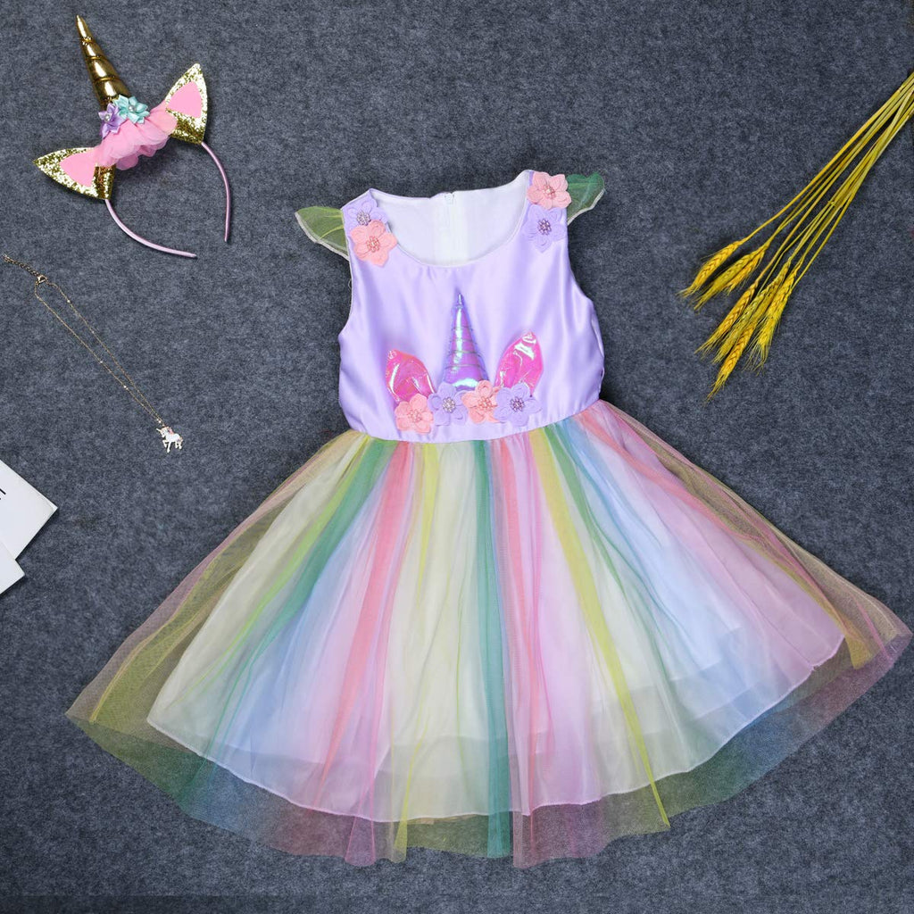 URAQT Unicorn Costume Set for Girls – Princess Dress with Necklace & Headband