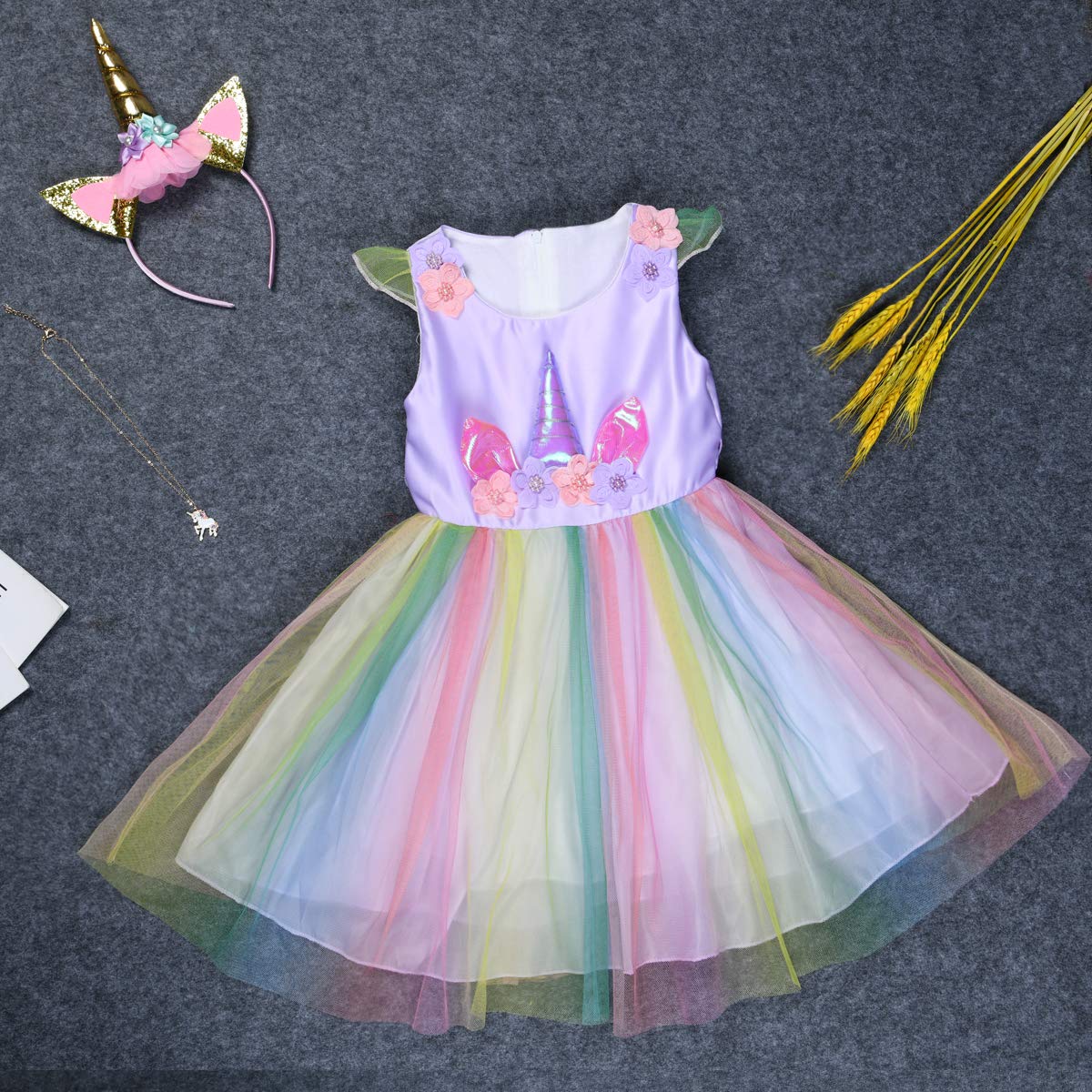 URAQT Unicorn Princess Dress Set with Necklace and Headband for Girls Toddlers