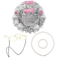 URATOT 5-Piece Halloween Old Lady Wig and Accessories Set - Dark Grey Curly Wig with Pink Curlers, Glasses, Pearl Necklace & Bracelet