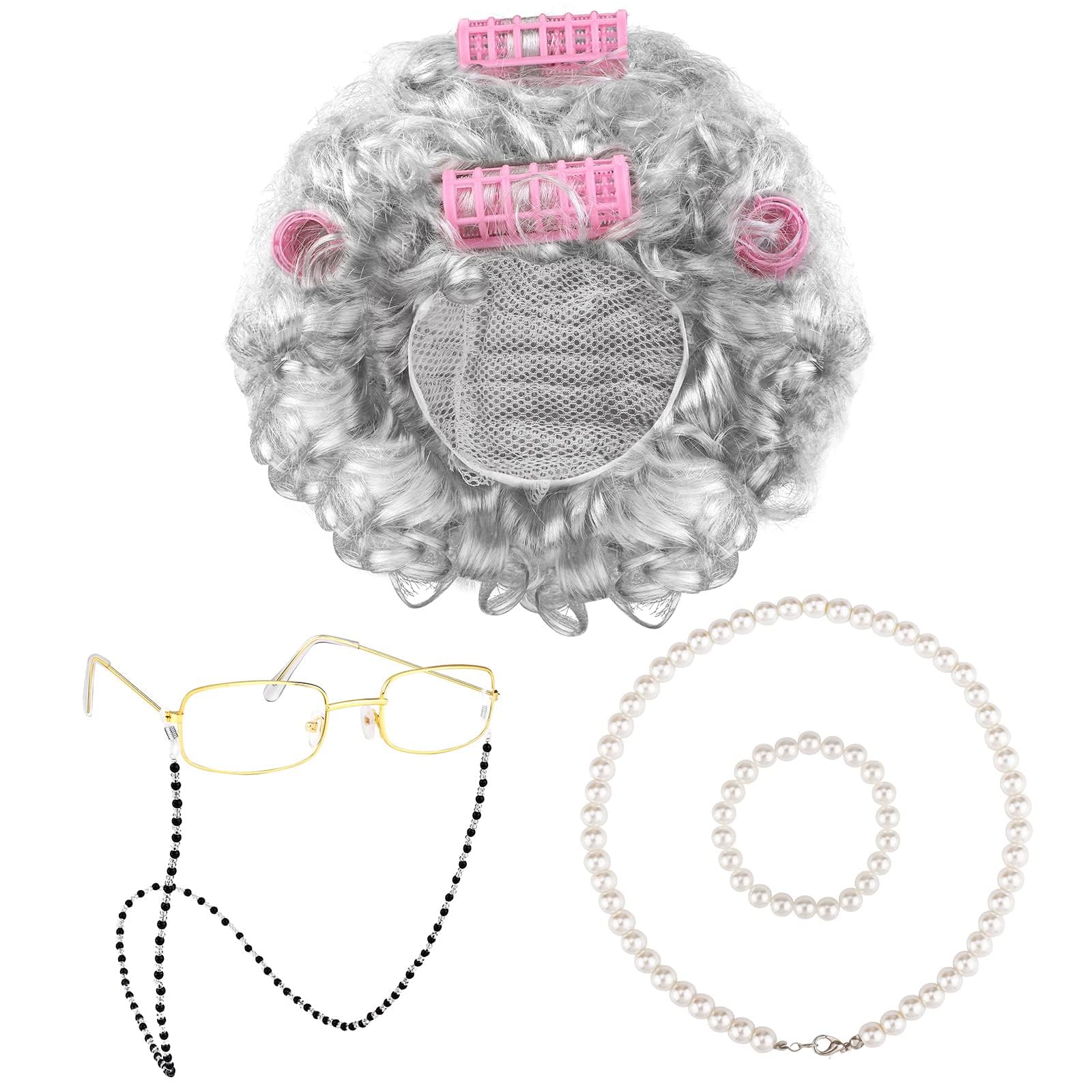 URATOT 5-Piece Halloween Old Lady Wig and Accessories Set - Dark Grey Curly Wig with Pink Curlers, Glasses, Pearl Necklace & Bracelet