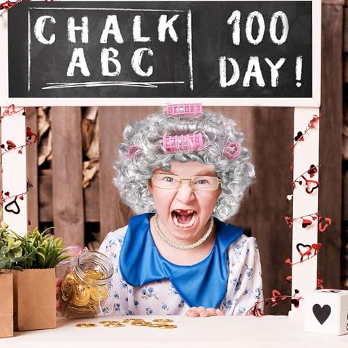 URATOT 5-Piece Halloween Old Lady Wig and Accessories Set - Dark Grey Curly Wig with Pink Curlers, Glasses, Pearl Necklace & Bracelet
