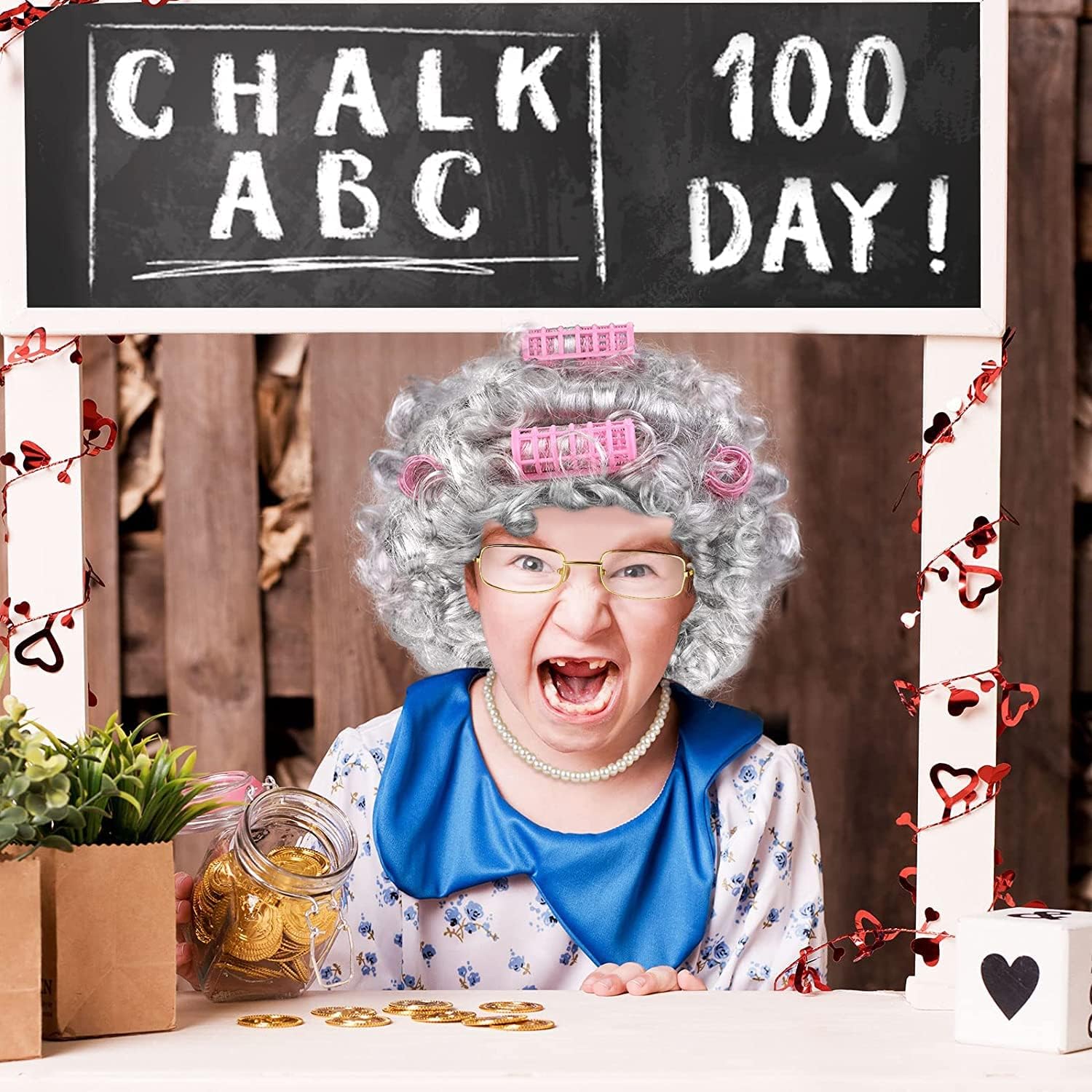 URATOT 5-Piece Halloween Old Lady Wig and Accessories Set - Dark Grey Curly Wig with Pink Curlers, Glasses, Pearl Necklace & Bracelet