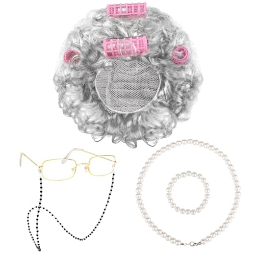 URATOT 5-Piece Halloween Old Lady Wig and Accessories Set - Dark Grey Curly Wig with Pink Curlers, Glasses, Pearl Necklace & Bracelet