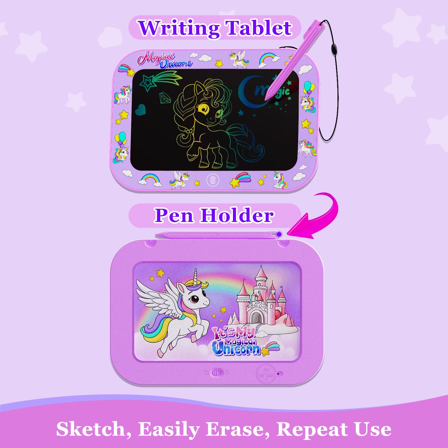 Urcoobela 2-Pack 10-Inch LCD Writing Tablet for Kids - Unicorn Dinosaur Doodle Board, Pink & Purple