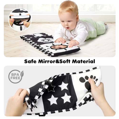 URMYWO High Contrast Black and White Baby Book for Tummy Time - Soft Cloth Toy with Mirror for Newborns 0-12 Months