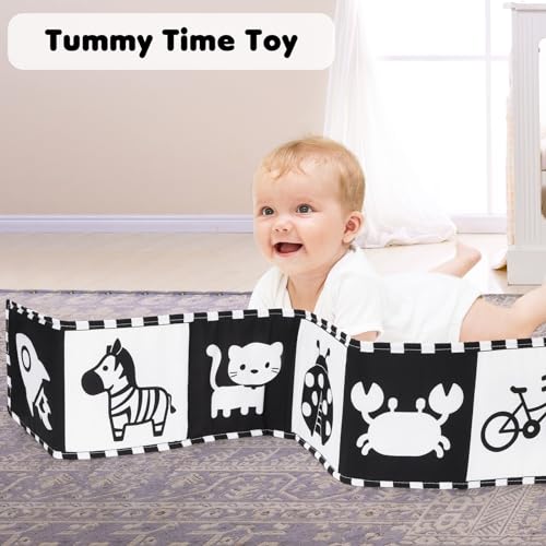URMYWO High Contrast Black and White Baby Book for Tummy Time - Soft Cloth Toy with Mirror for Newborns 0-12 Months