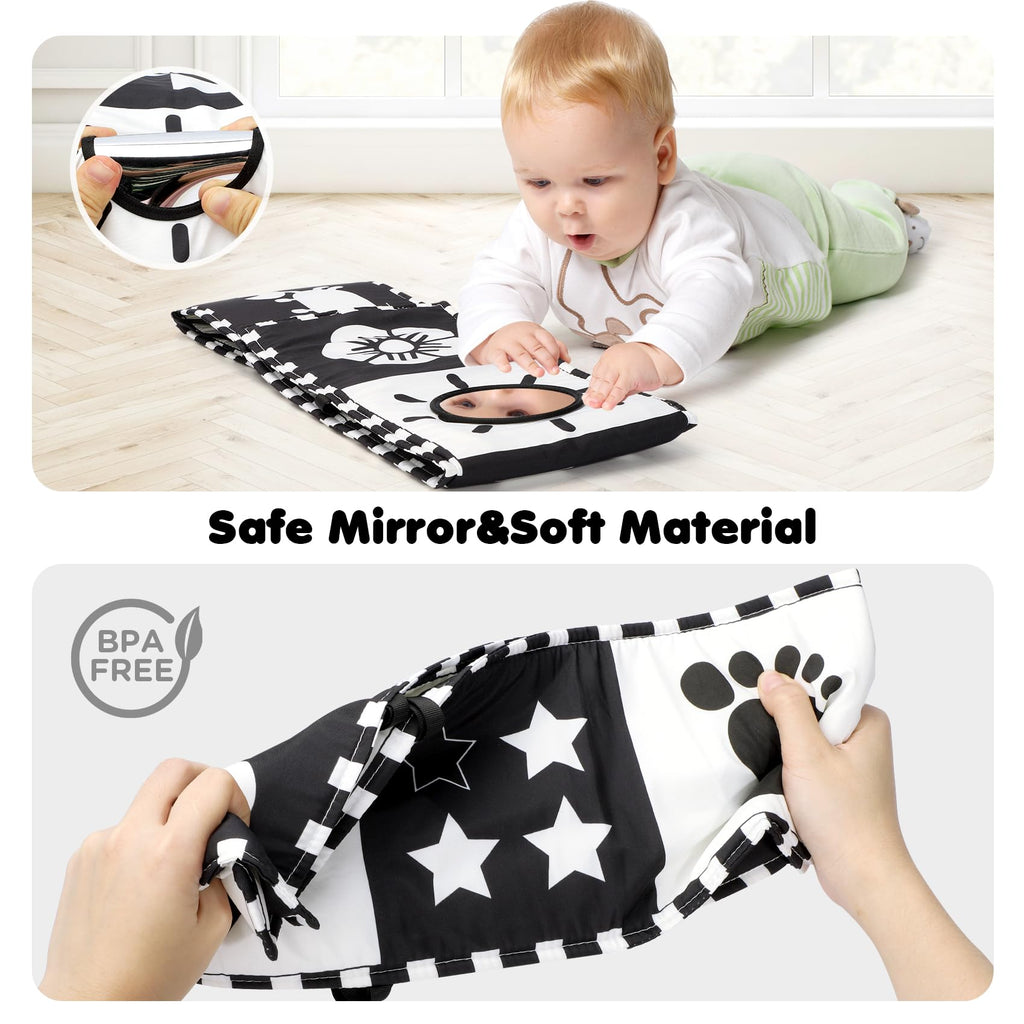 URMYWO High Contrast Black and White Baby Book for Tummy Time - Soft Cloth Toy with Mirror for Newborns 0-12 Months