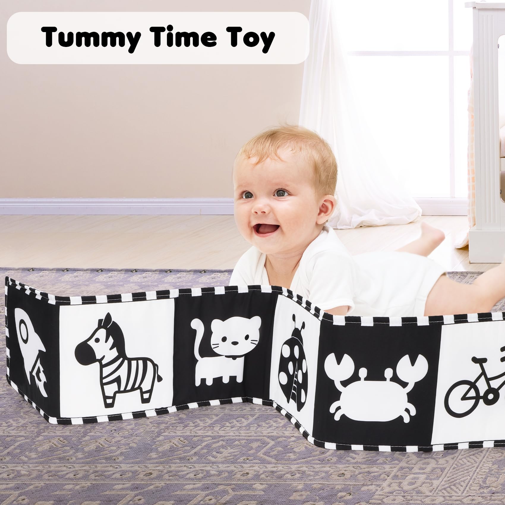 URMYWO High Contrast Black and White Baby Book for Tummy Time - Soft Cloth Toy with Mirror for Newborns 0-12 Months