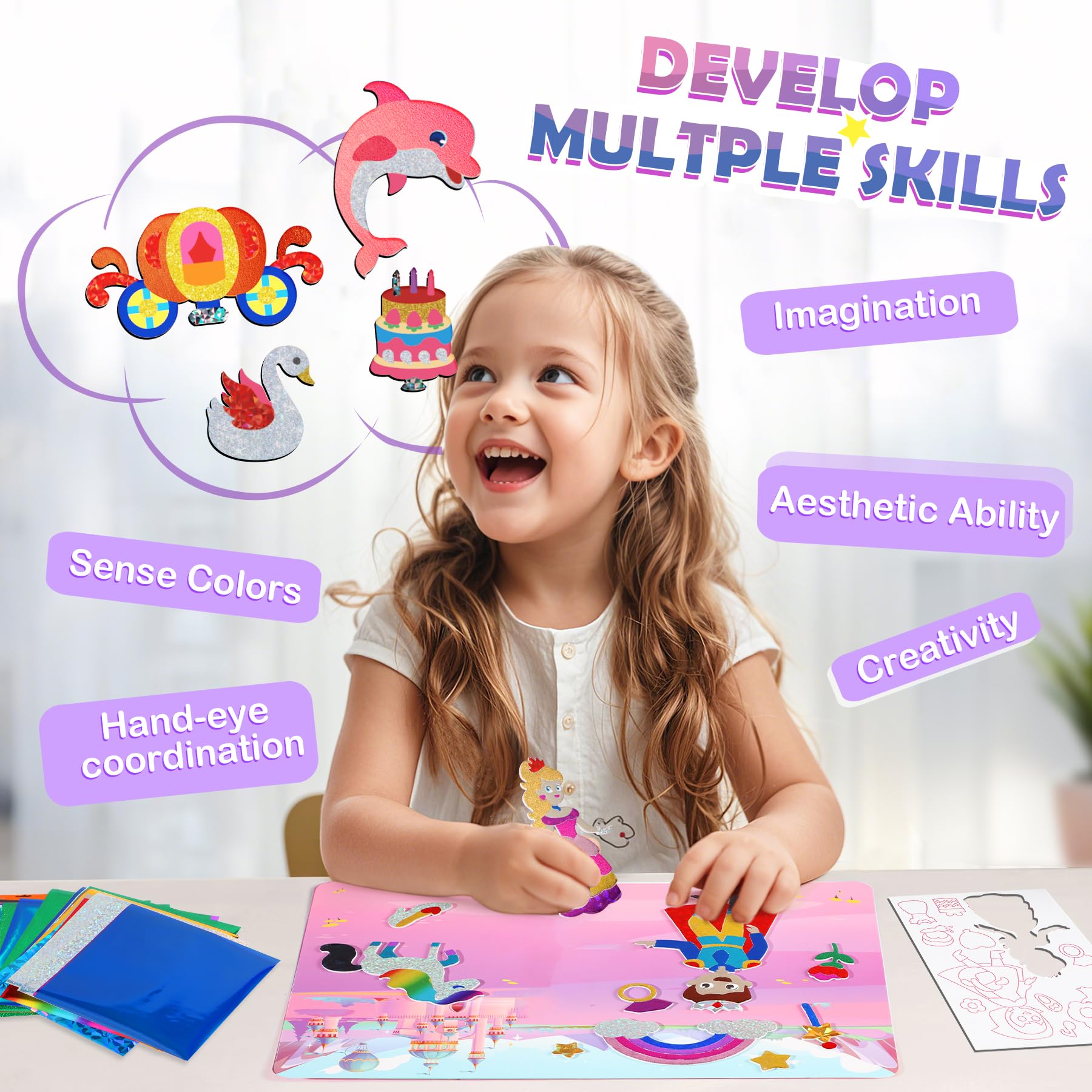 URMYWO Princess Foil Art Craft Kit – No Mess Activity for Kids Ages 4-8