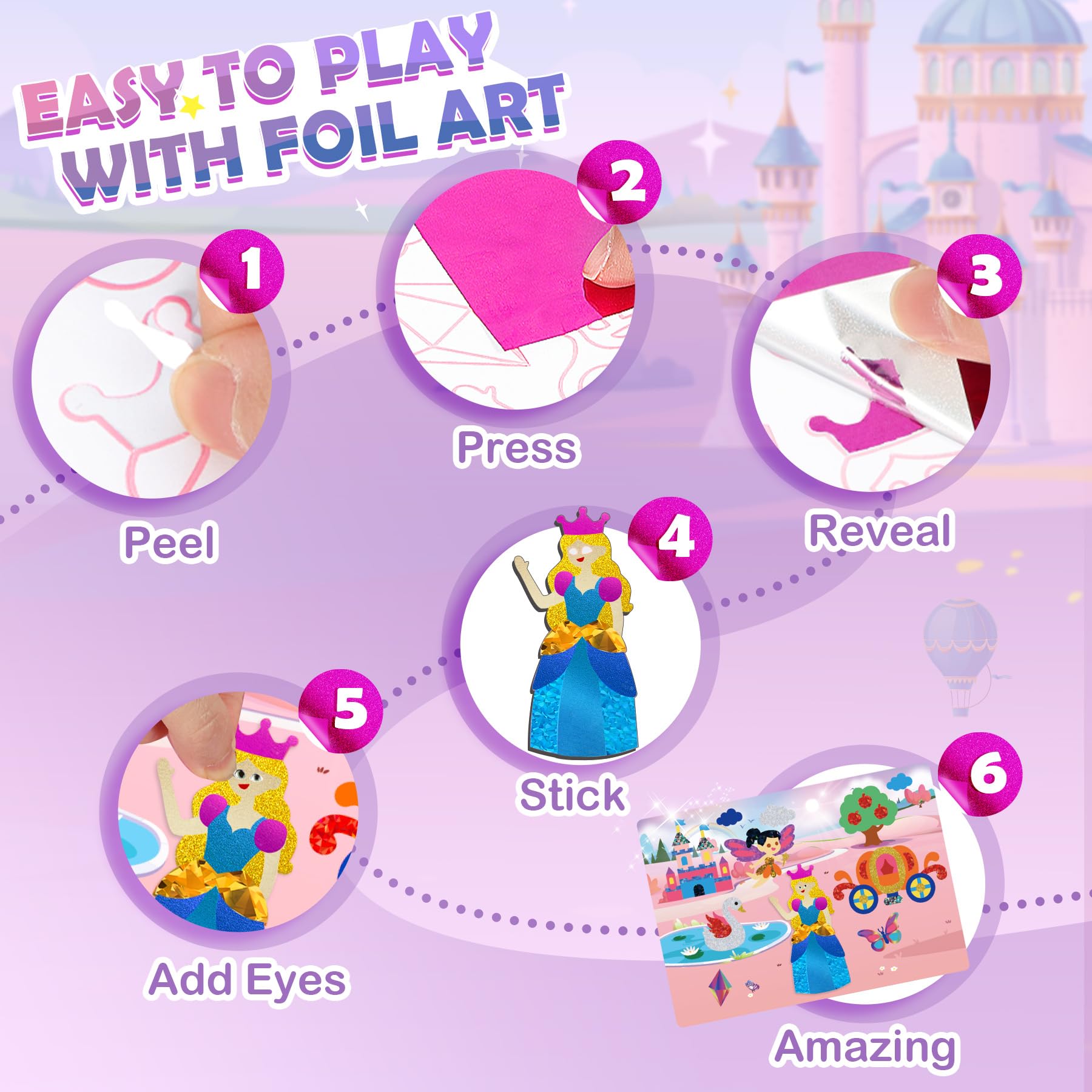 URMYWO Princess Foil Art Craft Kit – No Mess Activity for Kids Ages 4-8