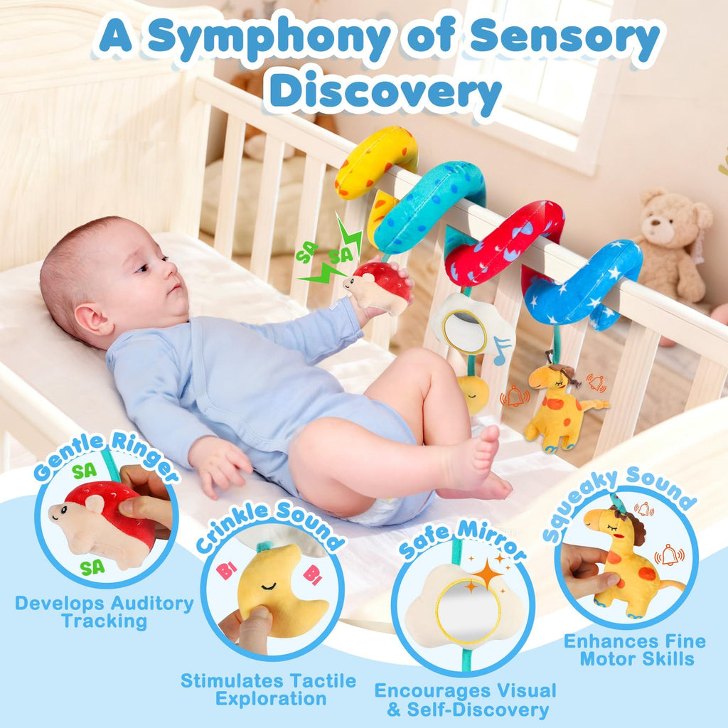 URMYWO Spiral Car Seat Toys for Babies 0-6 Months – Sensory Hanging Stroller Toy with Crinkle Mirror and Rattles