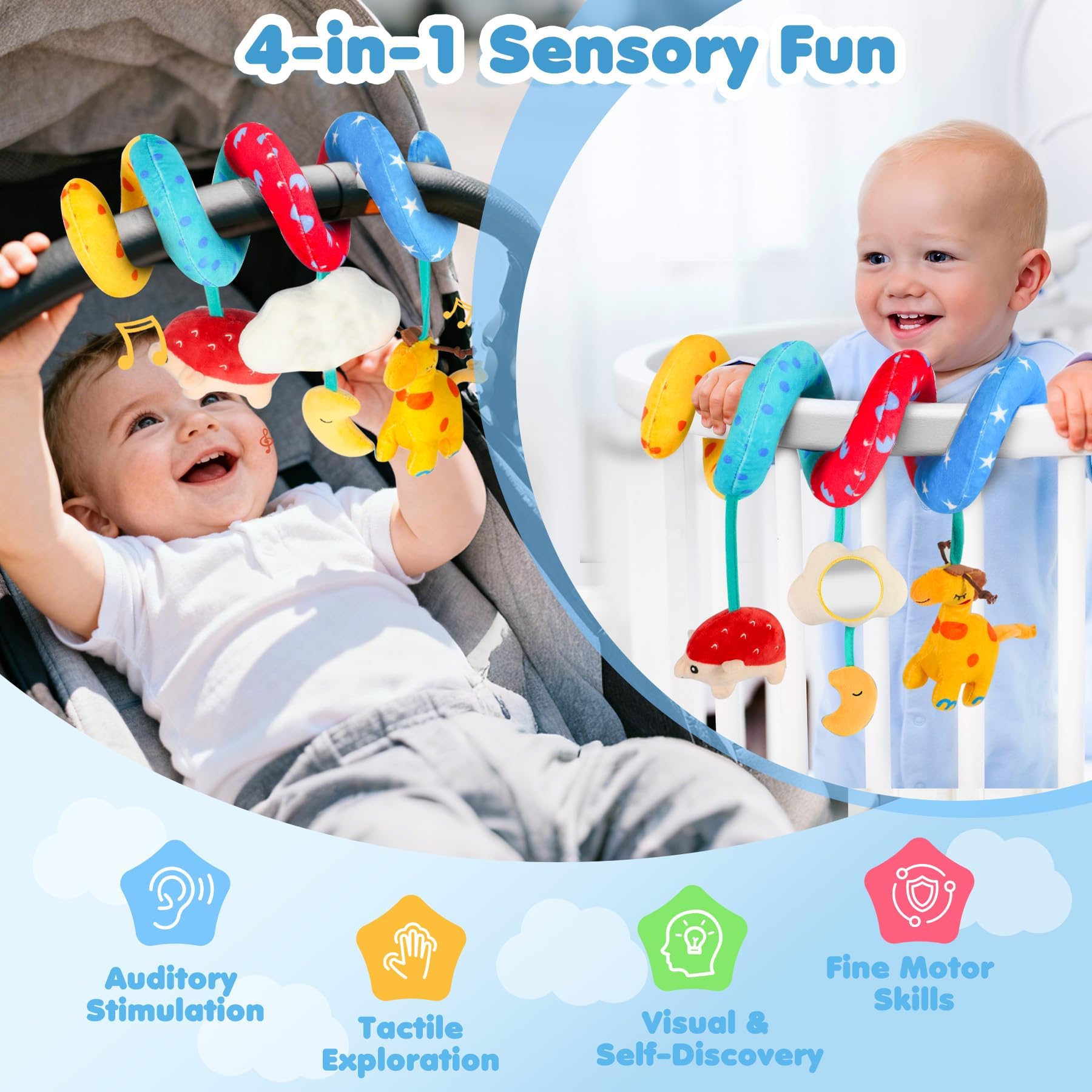 URMYWO Spiral Car Seat Toys for Babies 0-6 Months – Sensory Hanging Stroller Toy with Crinkle Mirror and Rattles