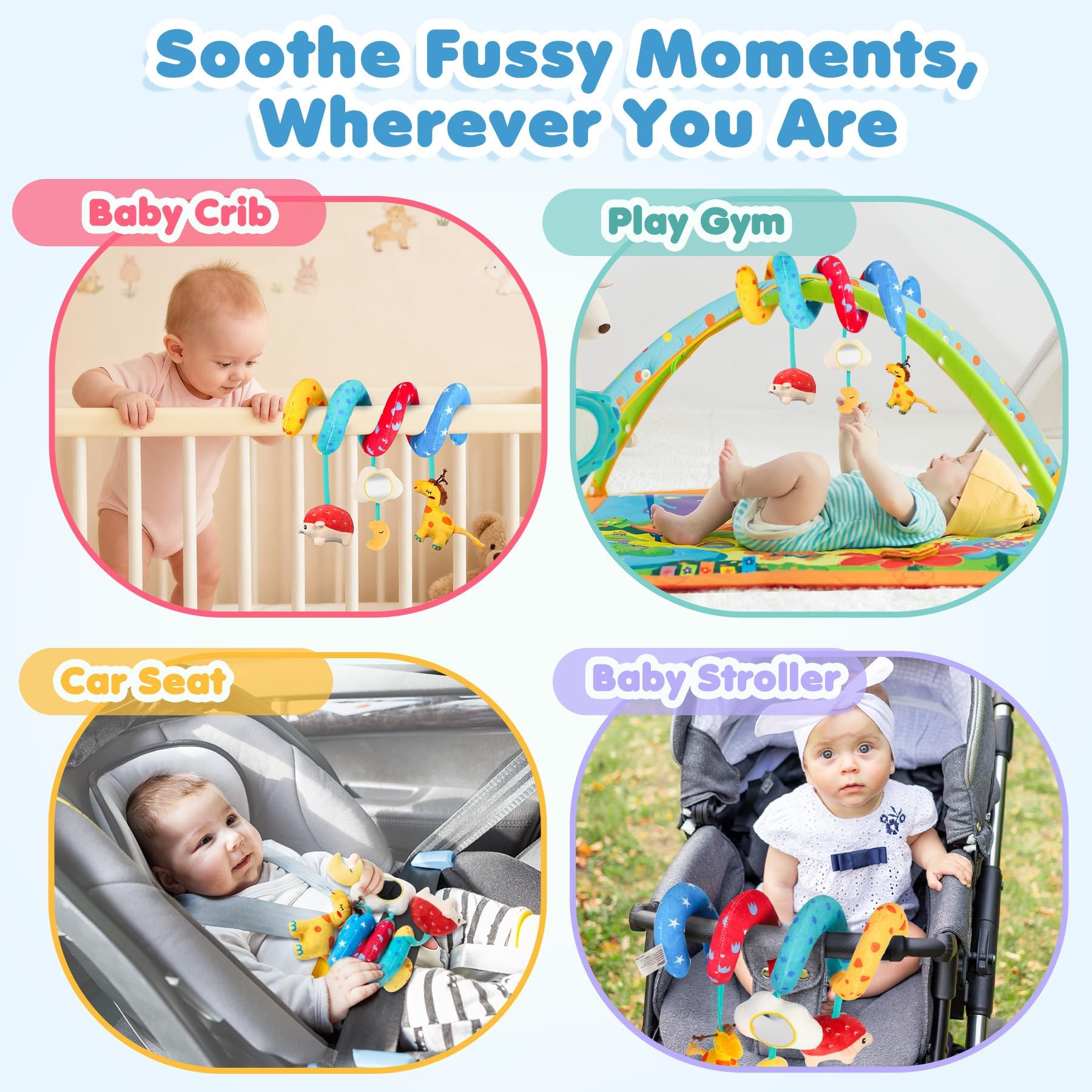 URMYWO Spiral Car Seat Toys for Babies 0-6 Months – Sensory Hanging Stroller Toy with Crinkle Mirror and Rattles