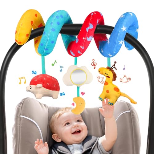 URMYWO Spiral Car Seat Toys for Babies 0-6 Months – Sensory Hanging Stroller Toy with Crinkle Mirror and Rattles