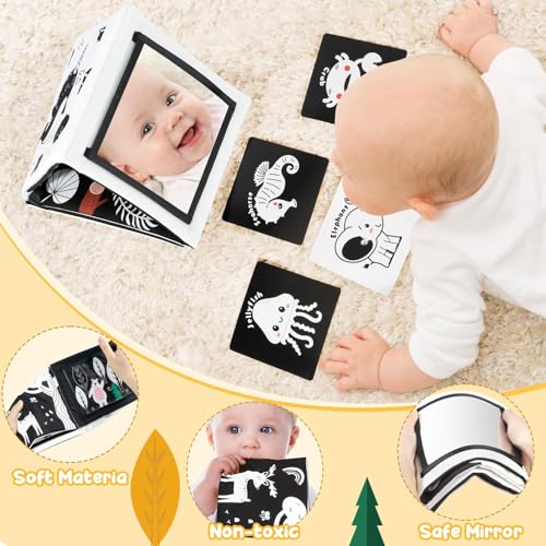 URMYWO Tummy Time Mirror Toy Set with High Contrast Cards and Soft Book, Black and White Visual Stimulation for Newborns 0-12 Months
