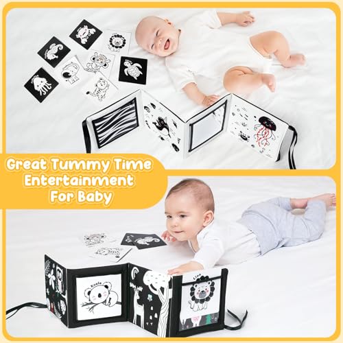 URMYWO Tummy Time Mirror Toy Set with High Contrast Cards and Soft Book, Black and White Visual Stimulation for Newborns 0-12 Months