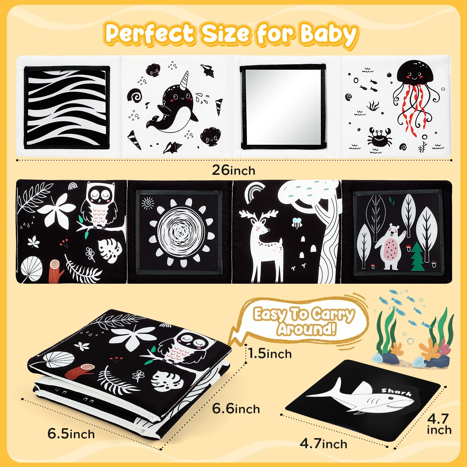 URMYWO Tummy Time Mirror Toy Set with High Contrast Cards and Soft Book, Black and White Visual Stimulation for Newborns 0-12 Months