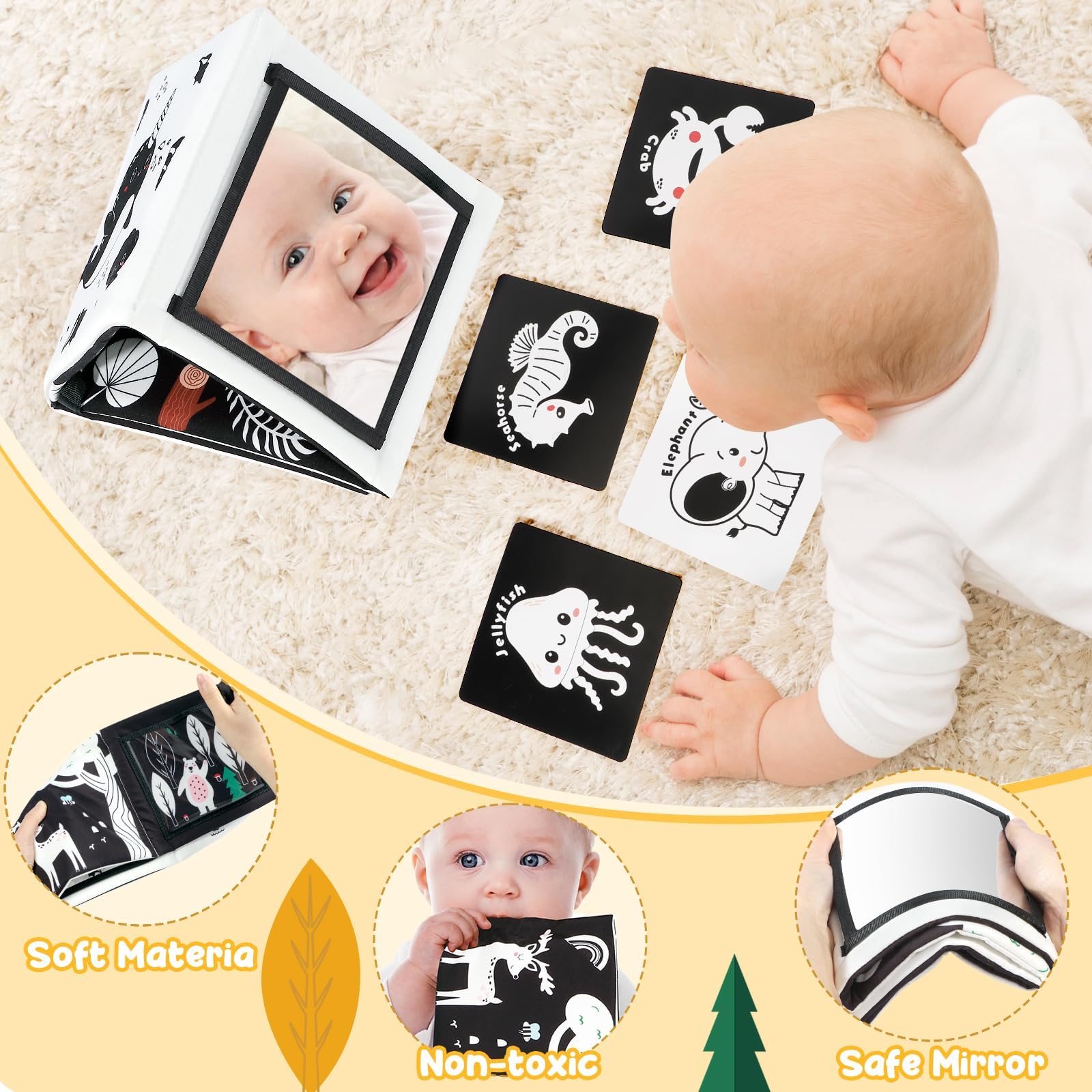 URMYWO Tummy Time Mirror Toy Set with High Contrast Cards and Soft Book, Black and White Visual Stimulation for Newborns 0-12 Months