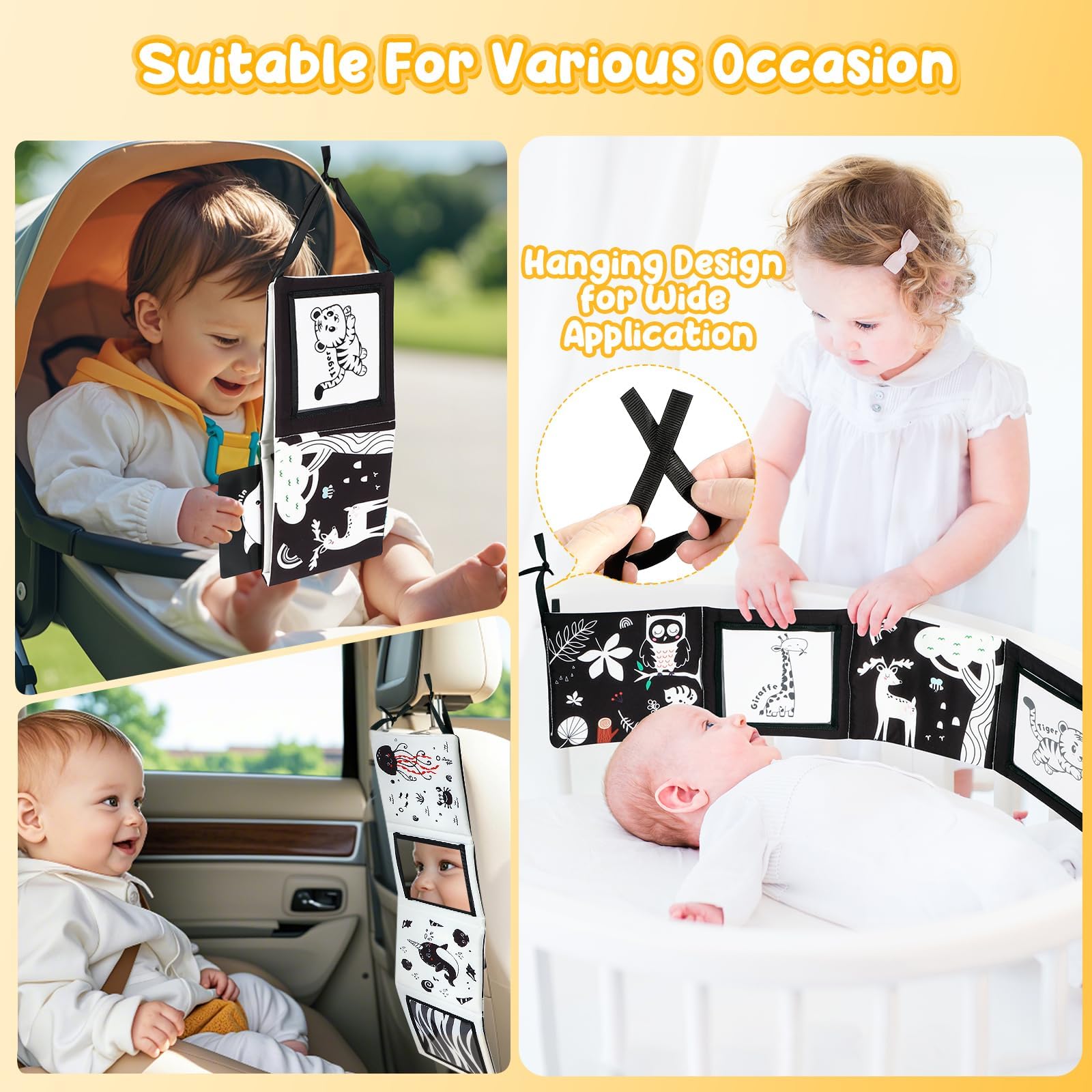 URMYWO Tummy Time Mirror Toy Set with High Contrast Cards and Soft Book, Black and White Visual Stimulation for Newborns 0-12 Months