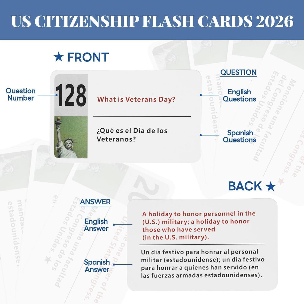 US Citizenship Flash Cards 2026 – 128 Civics Questions Bilingual English & Spanish – Naturalization Test Study Guide