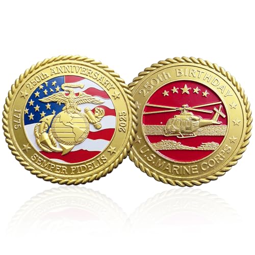 US Marine Corps 250th Anniversary Commemorative Coin – Gold-Plated Challenge Coin, 1.57 Inch