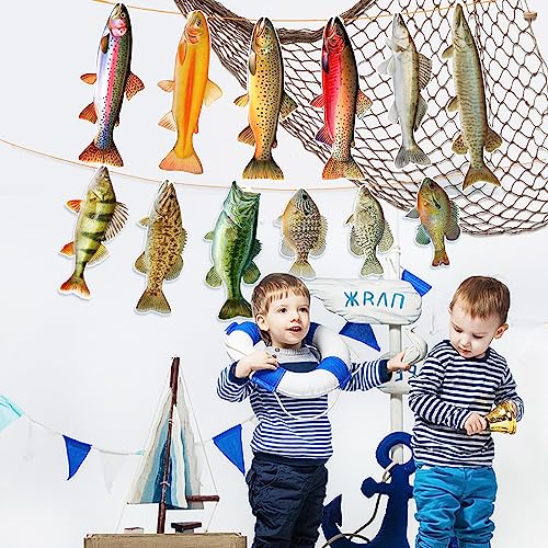 Ushinemi Fishing Birthday Banner – 12 Realistic Fish Cards for Party Decor (Bass, Trout, Sunfish)