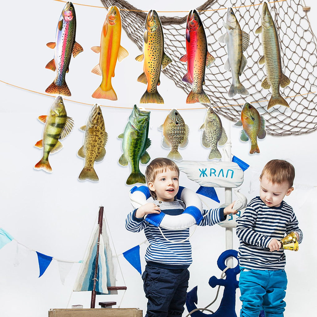 Ushinemi Fishing Birthday Banner – 12 Realistic Fish Cards for Party Decor (Bass, Trout, Sunfish)