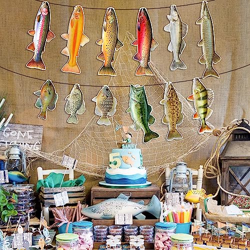 Ushinemi Fishing Birthday Banner – 12 Realistic Fish Cards for Party Decor (Bass, Trout, Sunfish)