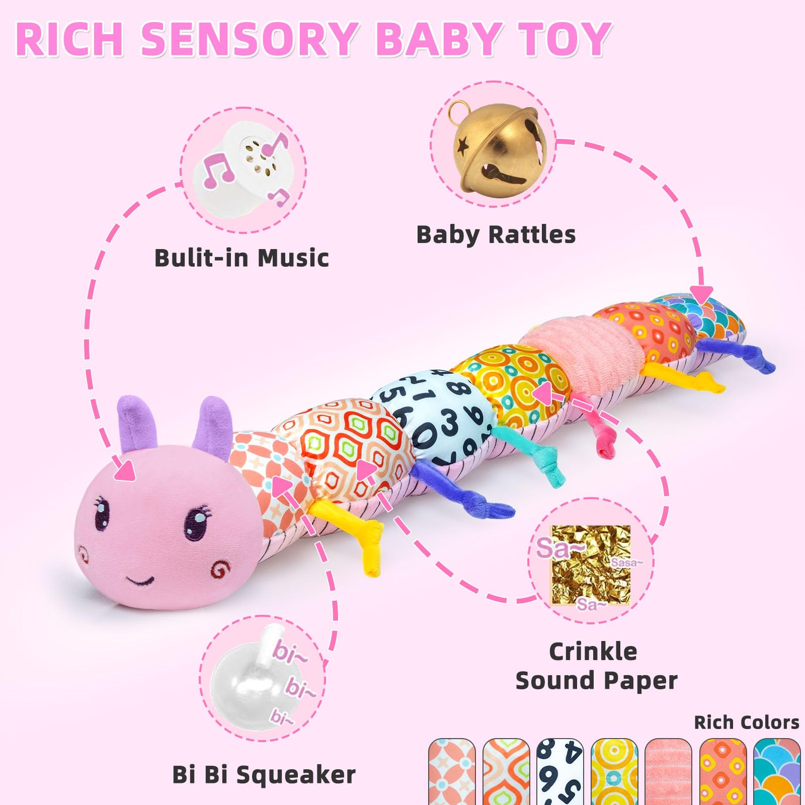 Ussybaby 5-in-1 Sensory Caterpillar Toy - Musical, Crinkle, Rattle & Plush for Newborns (0-12 Months), Pink