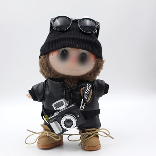 UtoMoya 17cm Doll Clothes Outfit Set for Labubu Boy – 6-Piece Handmade Hat, Jacket, Pants, Glasses, Boots & Camera Prop