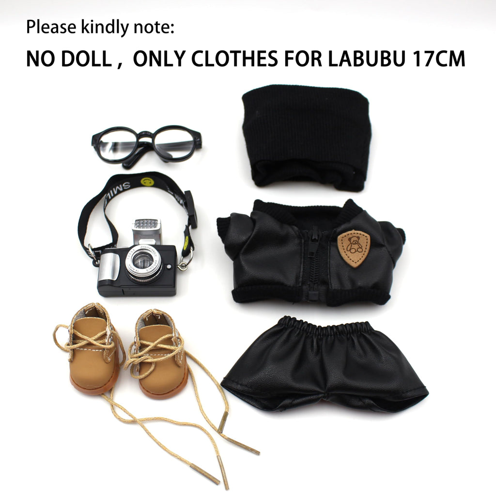 UtoMoya 17cm Doll Clothes Outfit Set for Labubu Boy – 6-Piece Handmade Hat, Jacket, Pants, Glasses, Boots & Camera Prop