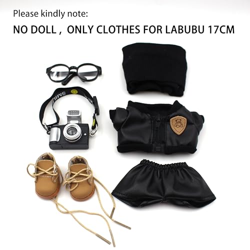 UtoMoya 17cm Doll Clothes Outfit Set for Labubu Boy – 6-Piece Handmade Hat, Jacket, Pants, Glasses, Boots & Camera Prop