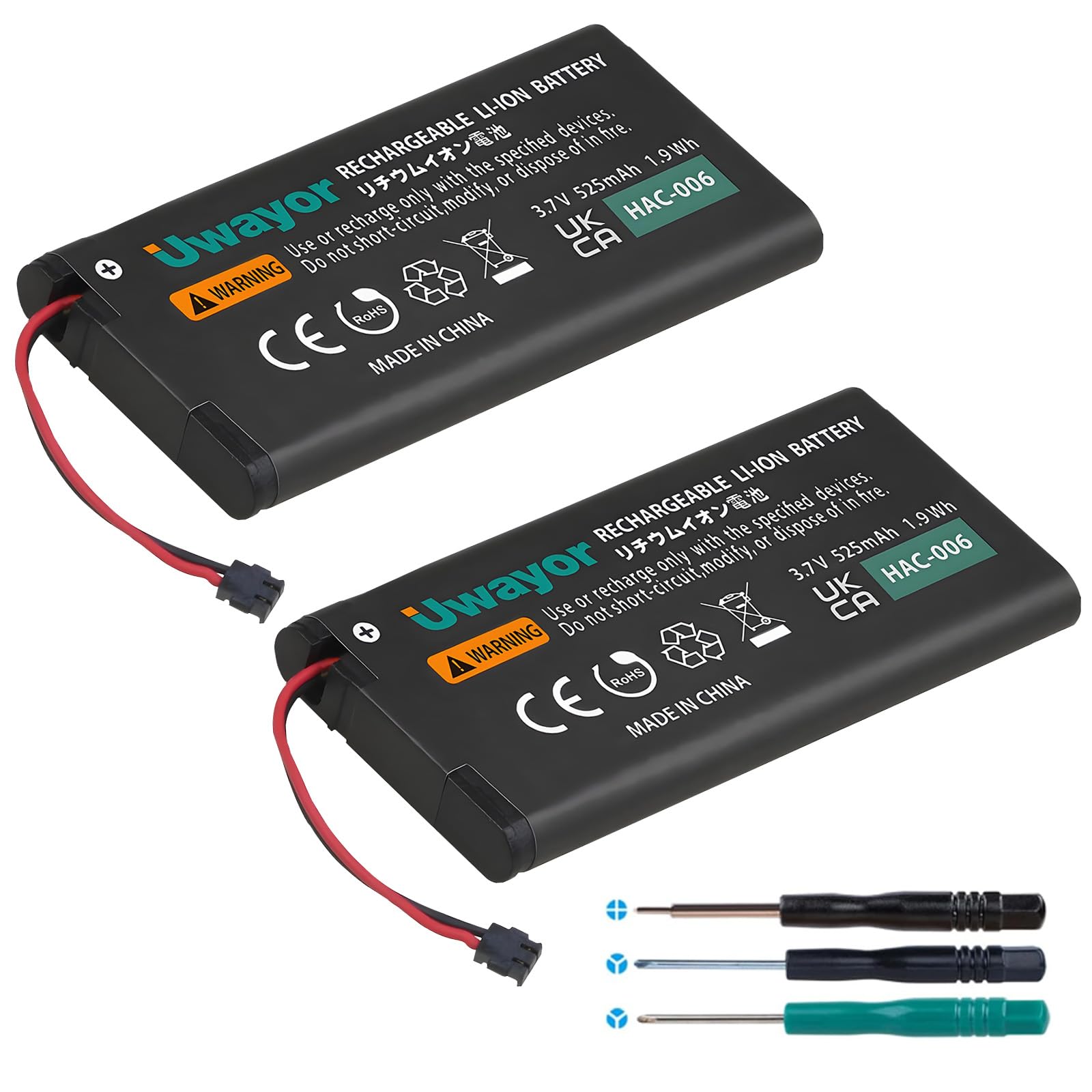 Uwayor 2-Pack HAC-006 Battery for Nintendo Switch Joy-Con Controller – 525mAh Replacement with Tool Kit