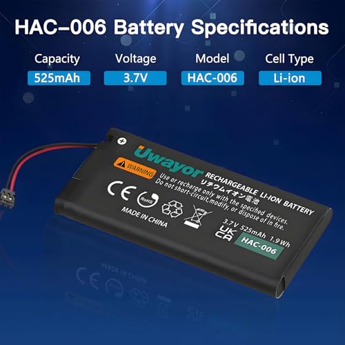 Uwayor 2-Pack HAC-006 Battery for Nintendo Switch Joy-Con Controller – 525mAh Replacement with Tool Kit