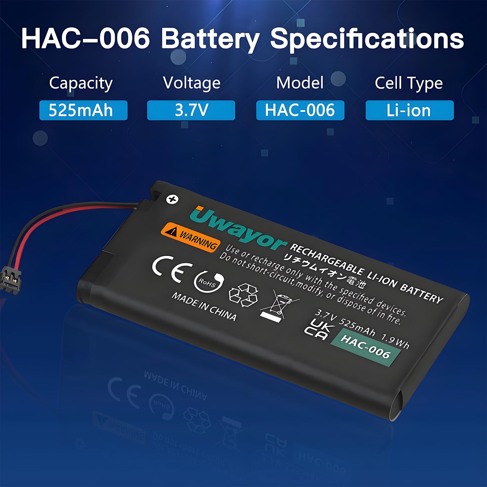 Uwayor 2-Pack HAC-006 Battery for Nintendo Switch Joy-Con Controller – 525mAh Replacement with Tool Kit