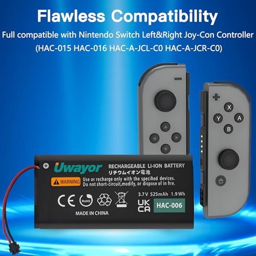 Uwayor 2-Pack HAC-006 Battery for Nintendo Switch Joy-Con Controller – 525mAh Replacement with Tool Kit